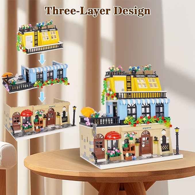 City Hotel Building Block Set, Modular Architecture Flowers City Street View House Model Building Kit 1464 PCS