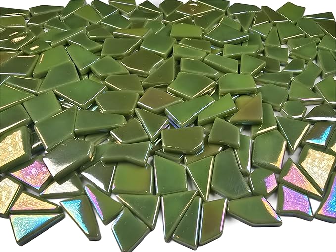 Irregular Glass Mosaic Tiles Bulk 500g Glossy and Iridescent Mosaic Glass Tiles for DIY Projects and Arts and Crafts Solid Colors and Mixes (Iridescent Olive Green)