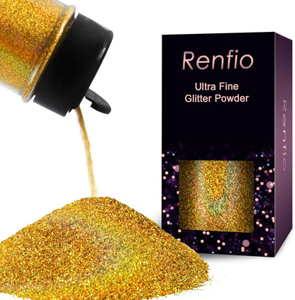 Renfio Holographic Ultra Fine Glitter Powder Metallic Resin Glitter 2.11 Oz (60g) PET Flakes Crafts Sequins 1/128" 0.008" 0.2mm Epoxy Chips Flakes for Tumblers Slime - Laser Gold