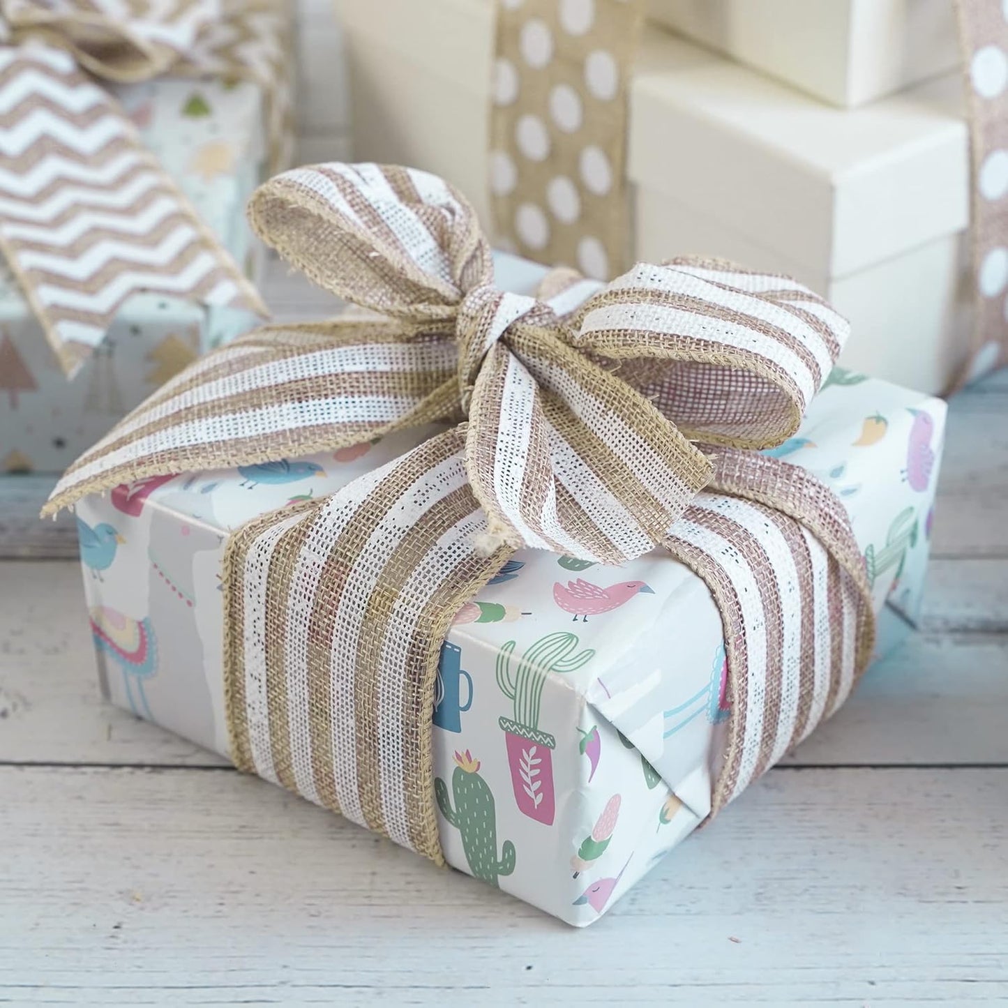 MEEDEE Burlap Wired Ribbon with White Stripe - 2.5 Inch Wired Ribbon for Cakes, Gift Baskets, Wreaths, Rustic Decor, Baby Showers, Beach, Farmhouse, 10 Yards - Crafty Corner