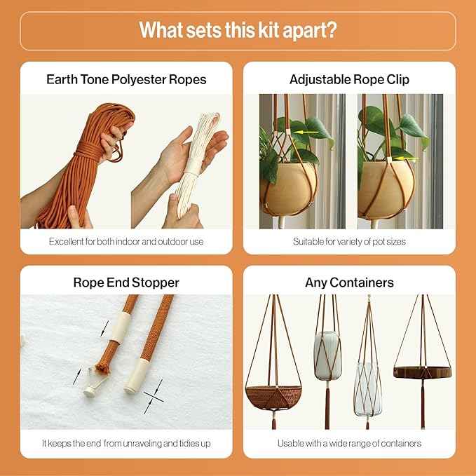Macrame Kits for Beginners, 3 Set of Plant Hangers DIY Kit: Braided Polyester Ropes 50yds*5mm Burnt Orange, 20yds*2mm Ivory, 60+Pcs Supplies with Step-by-Step Easy Instructions (ORIV)