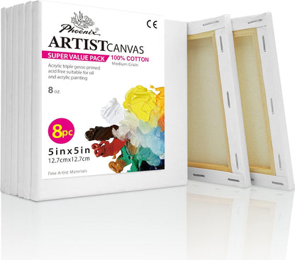 PHOENIX Small Stretched Canvas for Painting 5x5 Inch/8 Value Pack, 8 Oz Triple Primed 5/8 Inch Profile 100% Cotton White Blank Canvas, Square Framed Canvas for Oil Acrylic & Pouring Art