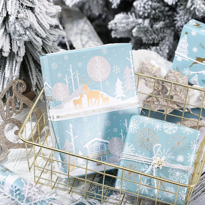 WRAPAHOLIC 30 Inch Christmas Wrapping Paper Roll - Jumbo Roll Blue and Silver Reindeer, Christmas Tree, Snowflake Holiday Design Printed on Pearlized Paper - 4 Rolls - 30 Inch x 120 Inch Per Roll