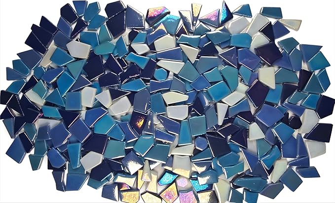 Irregular Glass Mosaic Tiles Bulk 500g Glossy and Iridescent Mosaic Glass Tiles for DIY Projects and Arts and Crafts Solid Colors and Mixes (Iridescent Dark Blue, Periwinkle & Sky Blue Mix)