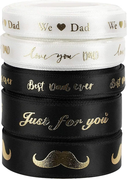 MEEDEE Happy Father's Day Ribbon Fathers Day Decorations Gift Box Wrapping Paper Decor Thank You Satin Thin Ribbon Assorted Black Satin, 5 Rolls with 10 Yards Each Total 50 Yards - Crafty Corner