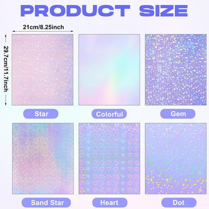 Clabby 36 Sheets Holographic Sticker Paper A4 Vinyl Sticker Paper Self Adhesive Waterproof Transparent Film, 11.7 x 8.3 inches(Gem, Dot, Colorful, Star, Heart, Sand Star)