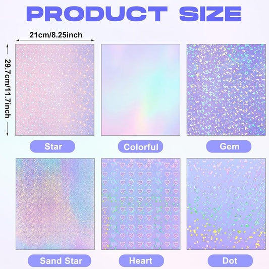Clabby 36 Sheets Holographic Sticker Paper A4 Vinyl Sticker Paper Self Adhesive Waterproof Transparent Film, 11.7 x 8.3 inches(Gem, Dot, Colorful, Star, Heart, Sand Star)