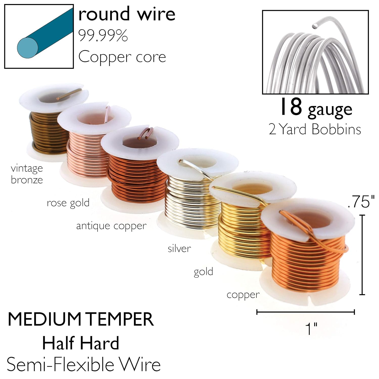 The Beadsmith Craft Wire Assortment - Tarnish-Resistant Copper Wire for Jewelry Making, 6-Pack, 0.75-Inch Mini Spools, 2 Yd Each, 18-Gauge, Assorted Colors, Medium Temper - Crafty Corner