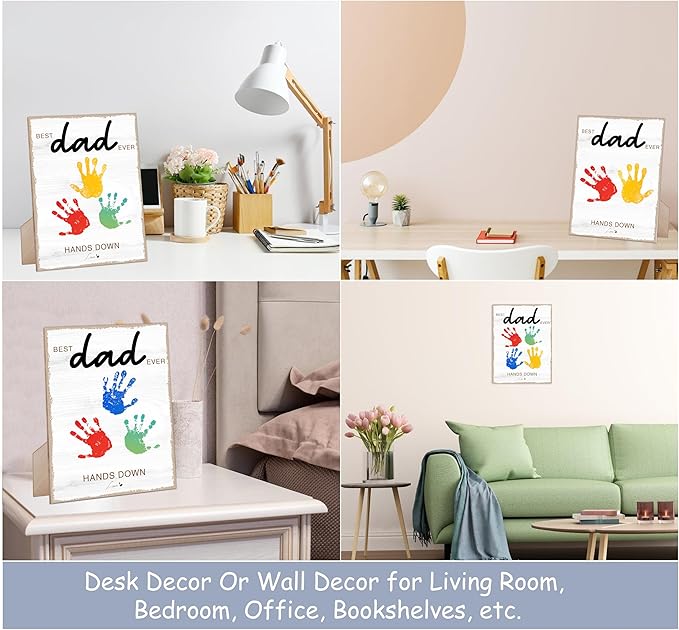 Hands Down Best Dad Ever Handprint Art Wooden Sign with Stand and Hook, DIY My 1st Father Day Crafts Keepsake, 9x12 Inch Personalized Gifts for Dad Daddy from Wife Daughter & Son