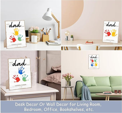 Hands Down Best Dad Ever Handprint Art Wooden Sign with Stand and Hook, DIY My 1st Father Day Crafts Keepsake, 9x12 Inch Personalized Gifts for Dad Daddy from Wife Daughter & Son