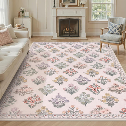 Wonnitar Floral Print Rug for Bedroom, Pink Boho Washable 8x10 Rug Ultra-Thin, Non Slip Soft Large Moroccan Trellis Floor Carpet for Living Room Girls Nursery Kids Playroom, Pale Pink