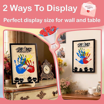 Mothers Day Gifts from Kids, DIY Handprint Craft Kit with 5 Non-Toxic Paint, Wooden Family Keepsake Frame with Kids Names, Hands Down Best Mom Ever Sign, Mothers Day Gift from Son Daughter