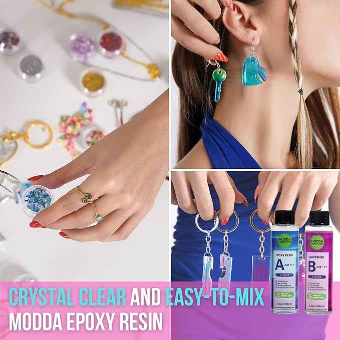 MODDA Epoxy Resin Kit with Video Course, Includes Color Pigment, Silicone molds, Necklace Cord, Earring Hooks for Jewelry Making, Epoxy Resin Starter Kit for Beginners, Adults,Complete Craft Set