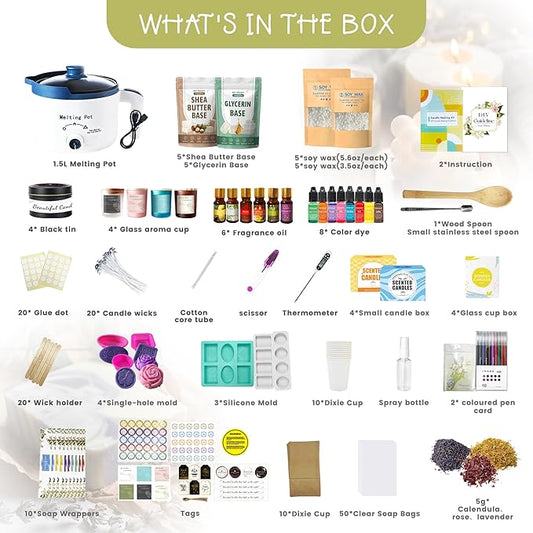 PIUH Deluxe DIY 2-in-1 Candle & Soap Making Supplies Kit with Wax Soap Melter and Candle Making Supplies for Adults Beginners, Complete Candle Soap Making Craft Kits with Melting Pot and Supplies