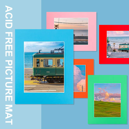 HOTUO 10 Pack 11x14 Mixed Colors Picture Mats, 4 Ply Thickness Frame Mattes for 8x10 Photo, Photo Mat with Core Bevel Cut, for Frames/Artwork/Print/Pictur(with V-Groove)