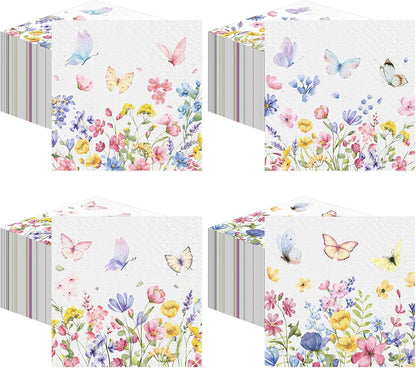 Fulmoon 200 Pieces Summer Floral Cocktail Napkins Disposable Wildflower Dessert Paper Napkins Bulk Flower Decoupage Beverage Towel for Summer Tea Party Dinner Decorative