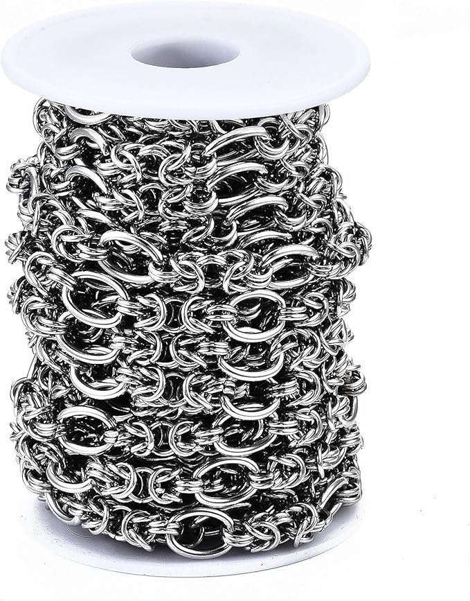 LiQunSweet 16.4 Feet(5m) 304 Stainless Steel Byzantine Chains Roll Knotted Jewelry Chain Bulk for Necklace Jewelry Making - 13.5x10mm