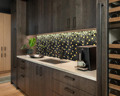 Blujellyfish Black and Gold Backsplash Wall Tiles Hexagon Mosaic Shower Floor Tile Kitchen Bathroom Tile (Box of 5 Sheets)