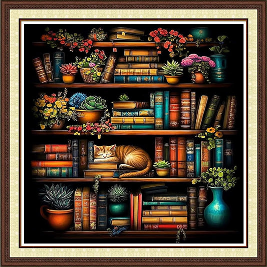 Findvoor Counted Cross Stitch Kits for Adults Full Range of Cross Stitching Embroidery Unprinted Pattern for Beginners, 11CT Needlepoint Kit Patterns Embroidery Kits-Bookshelf Cat 18x18 inch