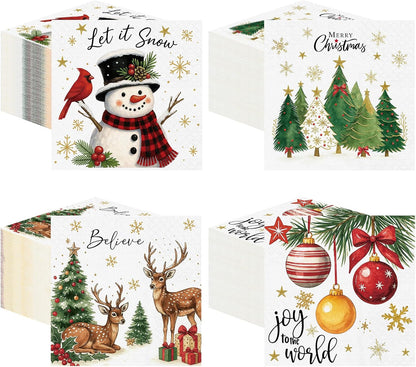 Janlaugh 200 Pcs Christmas Paper Cocktail Napkins Disposable 2 Ply Xmas Style Decoupage Beverage Napkins for Xmas Holiday Winter Dinner Table Decor (Classic Style)