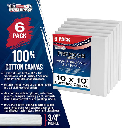 U.S. Art Supply 10 x 10 inch Stretched Canvas for Painting, 12oz Triple Primed, 6-Pack - Professional Artist Quality White Blank 3/4" Profile, 100% Cotton, Heavy-Weight Gesso - Acrylic Pouring, Oil