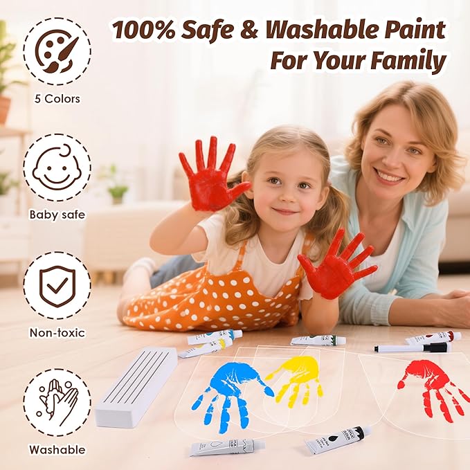 Family Handprint Kit, DIY Baby Hand and Footprint Handmade Keepsake Kit, Family Gifts with 6 Non-Toxic Baby-Safe Paint, Ideas Gift for New Parents, Father's Day, Mother's Day (5 Pages Acrylic Boards)