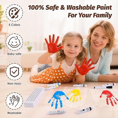 Family Handprint Kit, DIY Baby Hand and Footprint Handmade Keepsake Kit, Family Gifts with 6 Non-Toxic Baby-Safe Paint, Ideas Gift for New Parents, Father's Day, Mother's Day (5 Pages Acrylic Boards)