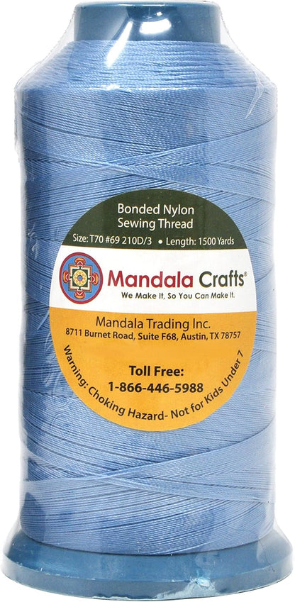 Mandala Crafts Bonded Nylon Thread Light Blue Heavy Duty Sewing Threads - 1500 YDs Size 69 210D T70 Tex 70 Thread for Leather Jeans Weaving Outdoor Marine Upholstery Threads