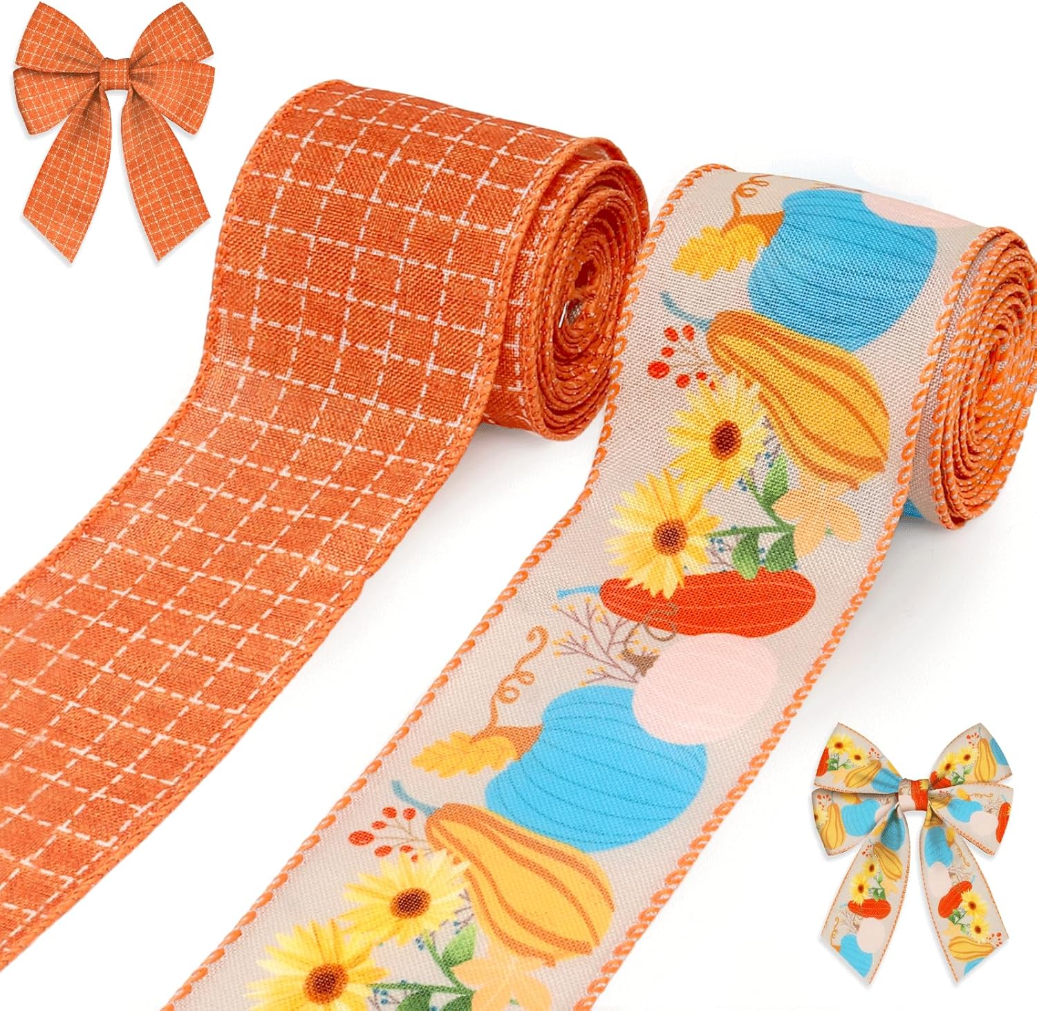 2 Rolls Fall Pumpkins Leaves Ribbons for Bows, Thanksgiving Wired Edge Ribbon Orange Buffalo Plaid Burlap Ribbons for Gift Wrapping Autumn Thanksgiving Decoration Supplies - Crafty Corner