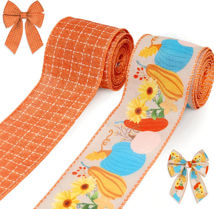 2 Rolls Fall Pumpkins Leaves Ribbons for Bows, Thanksgiving Wired Edge Ribbon Orange Buffalo Plaid Burlap Ribbons for Gift Wrapping Autumn Thanksgiving Decoration Supplies - Crafty Corner