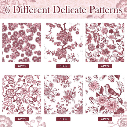 Epakh 36 Pack 6 Style Burgundy Decoupage Paper Napkins Assorted Floral Decorative Decoupage Napkin Chinoiserie Cocktail Paper for DIY Crafting Fall Christmas Wedding Party Decor, Each Unfolded 13''