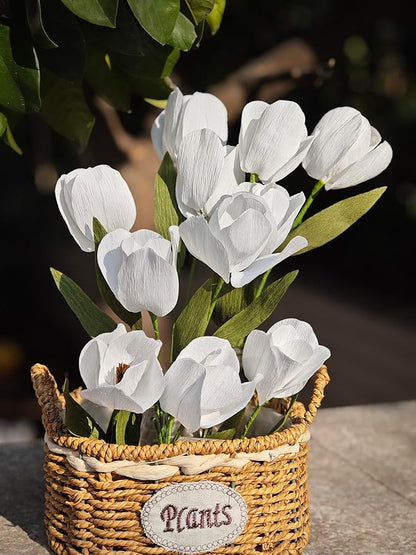White Tulip Bouquet DIY Crepe Paper Flower for Home Decor, Wedding Centerpieces & Rustic Events Making Kit 12 pcs