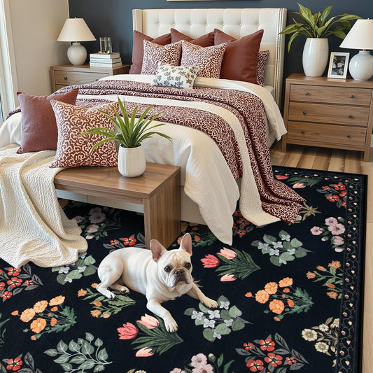 Wonnitar Floral Print 8x10 Washable Rug, Non Slip Black Dining Room Rug, Moroccan Large Stain Resistant Low Pile Indoor Carpet for Bedroom Playroom Home Decor, Black/Multi