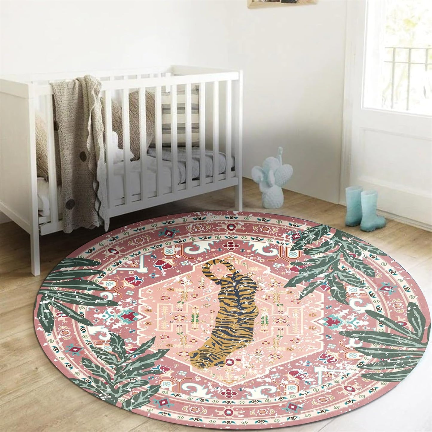 Washable Pink Rugs Thin Oriental Boho Vintage Cute Tropical Leopard 6ft Round Area Rugs for Bedroom Kitchen Dining Living Room Office Indoor Entryway Distressed Nursery Circle Carpet