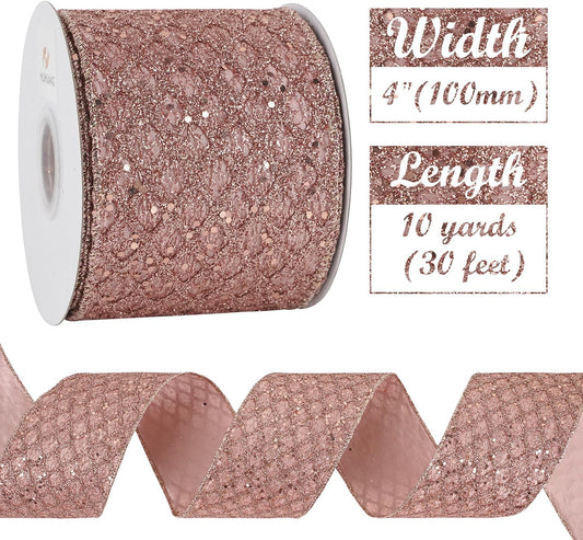HUIHUANG Rose Gold Christmas Ribbon 4 inch Rose Gold Glitter Wired Ribbon Diamond Mesh Wire Ribbon for X-mas Tree Decorations, Wreaths, Garland, Large Bows Making, Home Decor -10 Yards - Crafty Corner