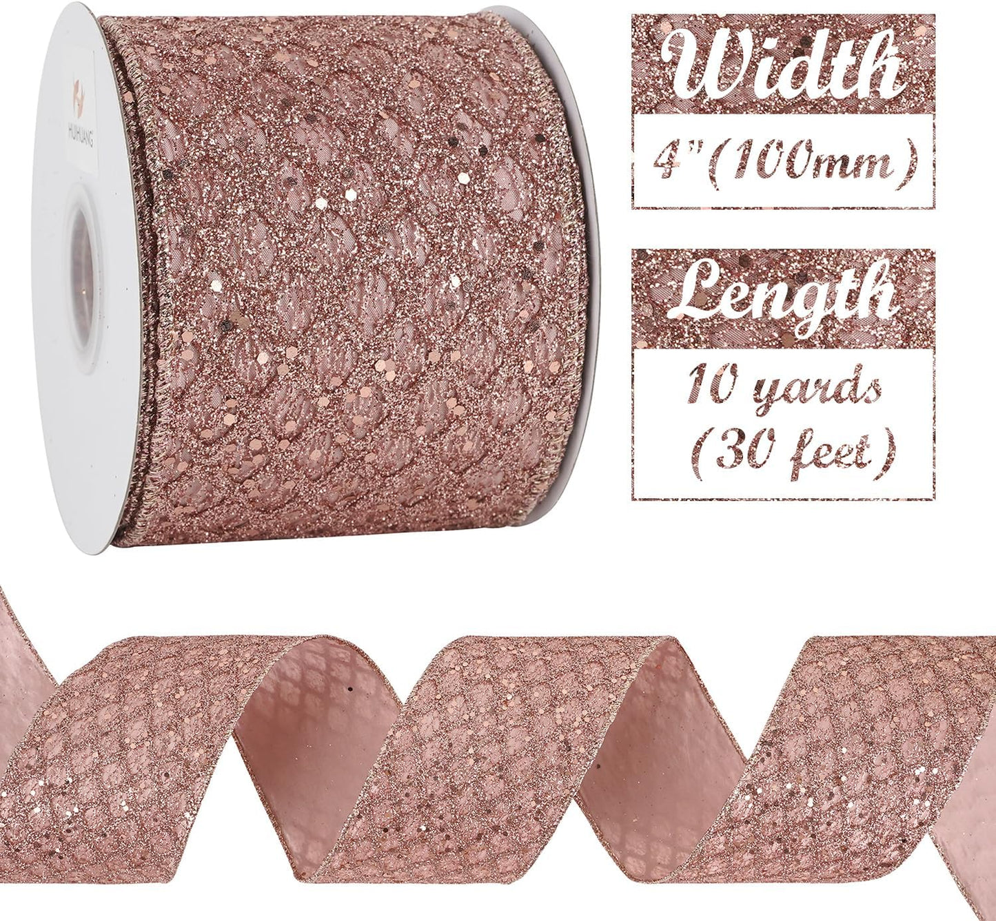HUIHUANG Rose Gold Christmas Ribbon 4 inch Rose Gold Glitter Wired Ribbon Diamond Mesh Wire Ribbon for X-mas Tree Decorations, Wreaths, Garland, Large Bows Making, Home Decor -10 Yards - Crafty Corner