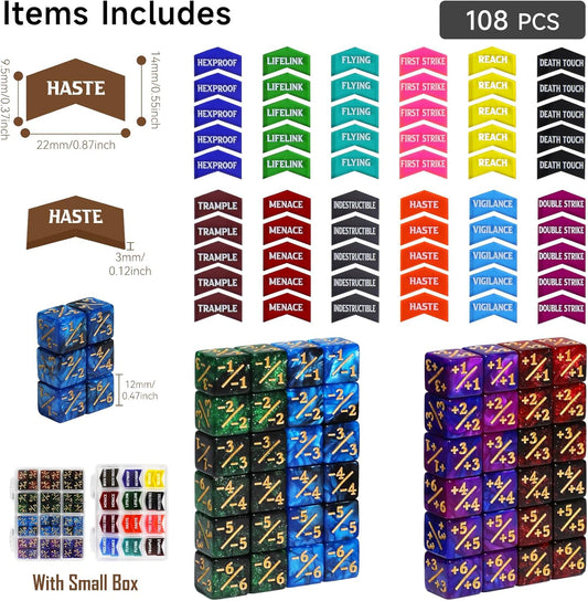 SIXPOINTS 108PCS 12mm MTG +1/+1 Tokens 6 Sided Dice & Keyword Counters Tokens Set for Magic The Gathering, MTG, TCG, Card Games Accessories