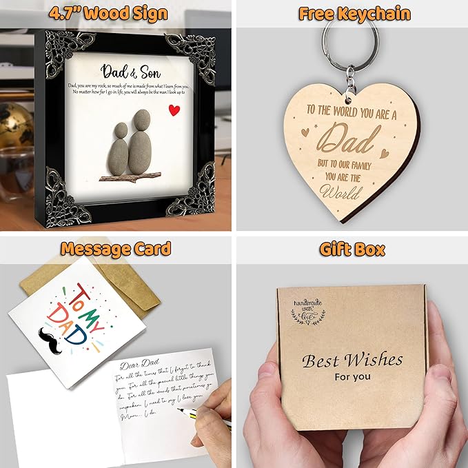 Dads Gifts from Son, 4.7" Pebble Art Frame Dad & Son Plaque, Heart Wooden Keychain, Thank You Card, Best Dad Ever Gift Set, Valentines Birthday Gift for Daddy, Fathers Day Present S200-47
