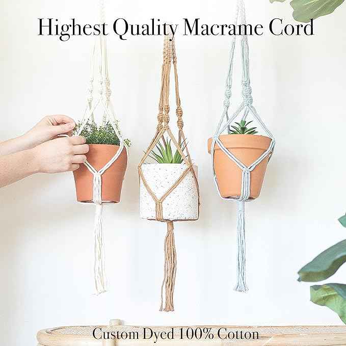 Aesthetic Creative Macrame Kit, Makes 3 DIY Plant Hangers for Teens & Adult Beginners, Craft Supplies for Boho Art Project-3 Custom Color Macrame Cord, Wooden Rings & Instructions