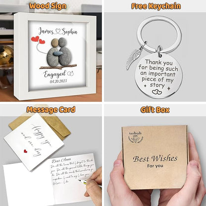 Personalized Engagement Pebble Art Frame for Couple, Custom Names and Date Engaged Sign with Keychain & Card, Newly Engaged Gift Idea, Romantic Engagement Gift Keepsake, Anniversary Couple Décor