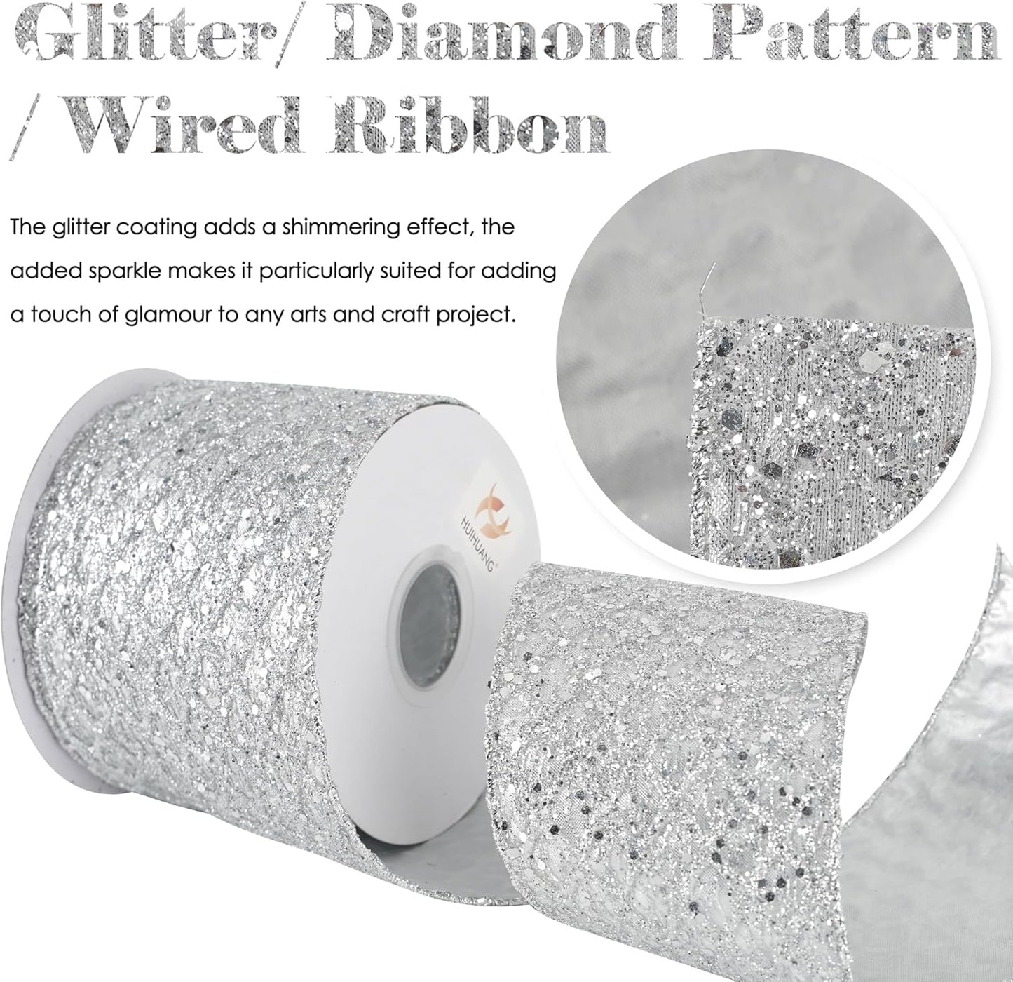 HUIHUANG Silver Christmas Ribbon 4 inch Silver Glitter Wired Ribbon Diamond Mesh Wire Ribbon for X-mas Tree Decorations, Wreaths, Garland, Large Bows Making, Home Decor -10 Yards - Crafty Corner