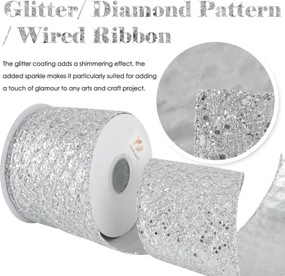 HUIHUANG Silver Christmas Ribbon 4 inch Silver Glitter Wired Ribbon Diamond Mesh Wire Ribbon for X-mas Tree Decorations, Wreaths, Garland, Large Bows Making, Home Decor -10 Yards - Crafty Corner