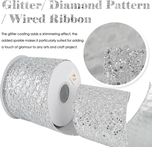 HUIHUANG Silver Christmas Ribbon 4 inch Silver Glitter Wired Ribbon Diamond Mesh Wire Ribbon for X-mas Tree Decorations, Wreaths, Garland, Large Bows Making, Home Decor -10 Yards - Crafty Corner