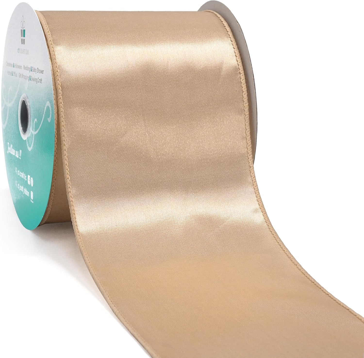 CT CRAFT LLC Satin Wired Ribbon 4 Inch x 20 Yards Champagne Gold for Christmas Home Décor Gift Wrapping Tree Topper Bow Wreath DIY Crafts, - Crafty Corner