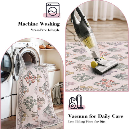 Wonnitar Boho Floral 3x5 Washable Rug, Ultra-Thin Pink Small Rugs for Bedroom, Soft Non Slip Moroccan Throw Carpet for Nursery Girls Bedside Dorm Room Decor, Pale Pink