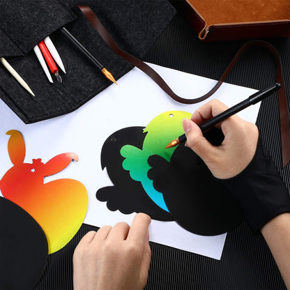 Scratch Painting Art Tool, 9 Pieces Scratching Drawing Tool Set, Including Artist Glove, Tool Bag, Scratch Coloring Pens, Plastic and Wooden Stylus, Scraper, Clean Brush