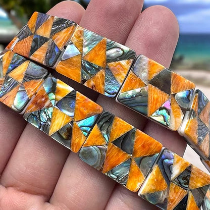 AlohaGemsUSA Spiny Oyster & Abalone Shell Beads - Native American Style (Handcrafted Triangular Mosaic Inlay Artistry with Meticulous Workmanship) Rectangle 15X20mm (Half Strand 8 Inches - 10 Beads)