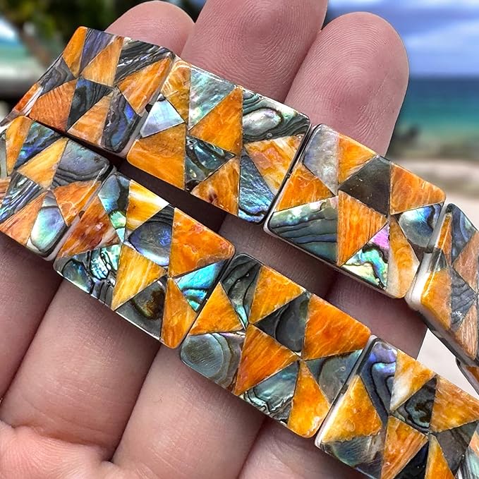 AlohaGemsUSA Spiny Oyster & Abalone Shell Beads - Native American Style (Triangular Mosaic Inlay Artistry with Meticulous Workmanship) Rectangle 15X20mm (Full Strand 16 Inches - 20 Beads)