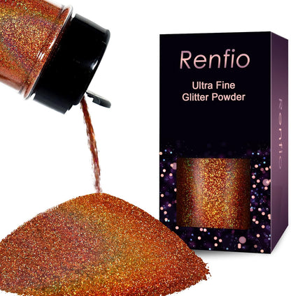 Renfio Holographic Ultra Fine Glitter Powder Metallic Resin Glitter 2.11 Oz (60g) PET Flakes Crafts Sequins 1/128" 0.008" 0.2mm Epoxy Chips Flakes for Tumblers Slime - Laser Light Copper