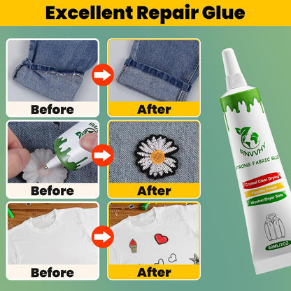 Fabric Glue Permanent, 60ml Super-Strong Clear Washable Fabric Adhesive for Clothing, Patches, Leather, Cotton, Denim, Polyester, Doll Repair (Fabric Glue Kits B)